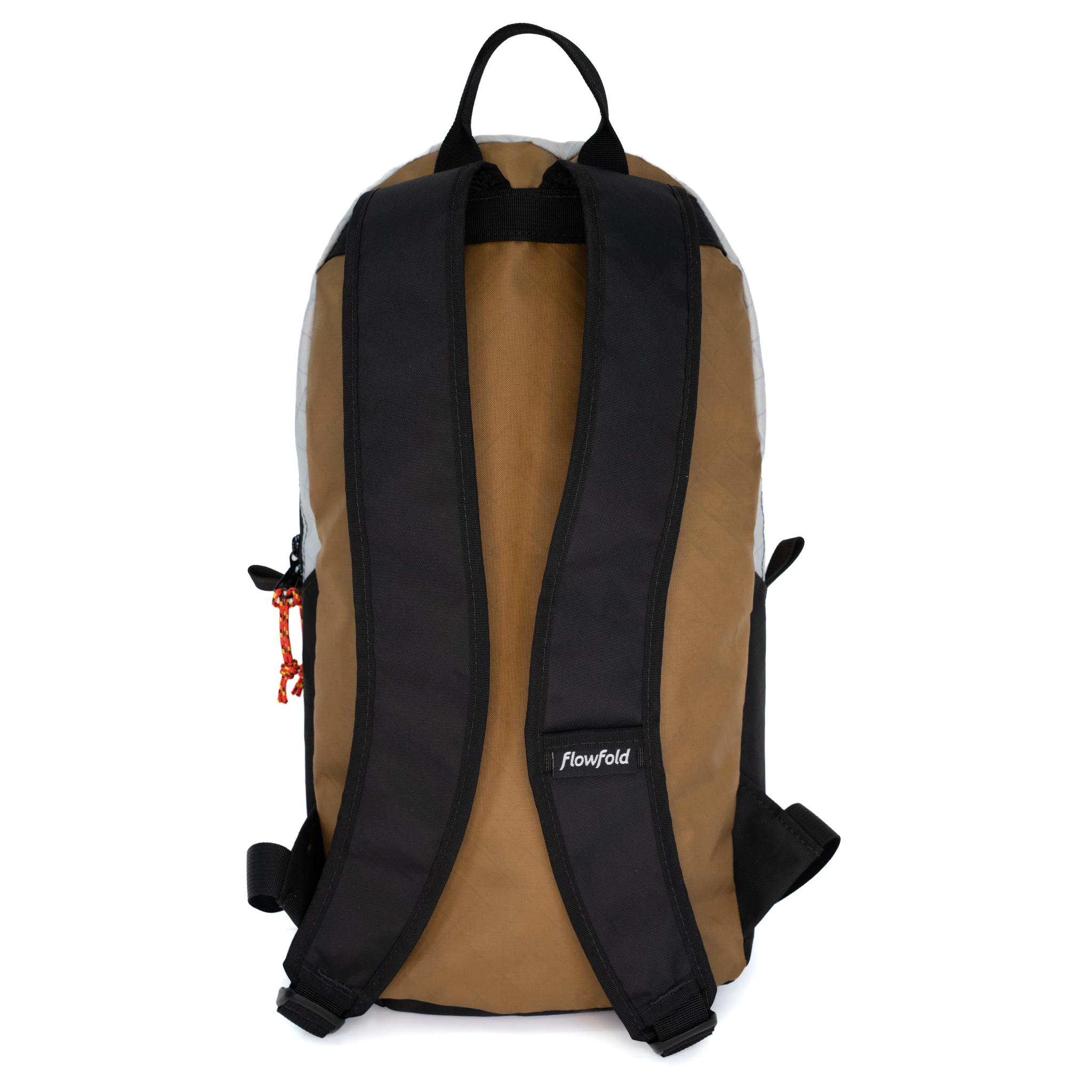 The back view of a Flowlfold backpack in brown and black, featuring padded shoulder straps, a top carry handle, and a small white brand logo on the center strap.