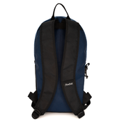 The back view of a Flowfold backpack in navy blue and black, showing the padded shoulder straps, zipper, and brand label on a white background.