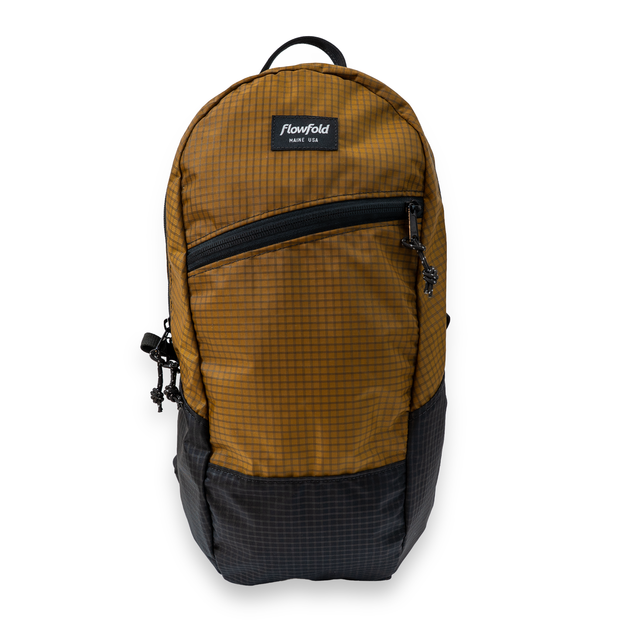 Brown and black checkered backpack with 'Flowfold' logo on a white background