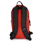 Red and black backpack shown from the back, featuring padded shoulder straps, a top carry handle, and a visible Flowfold logo on the lower strap.