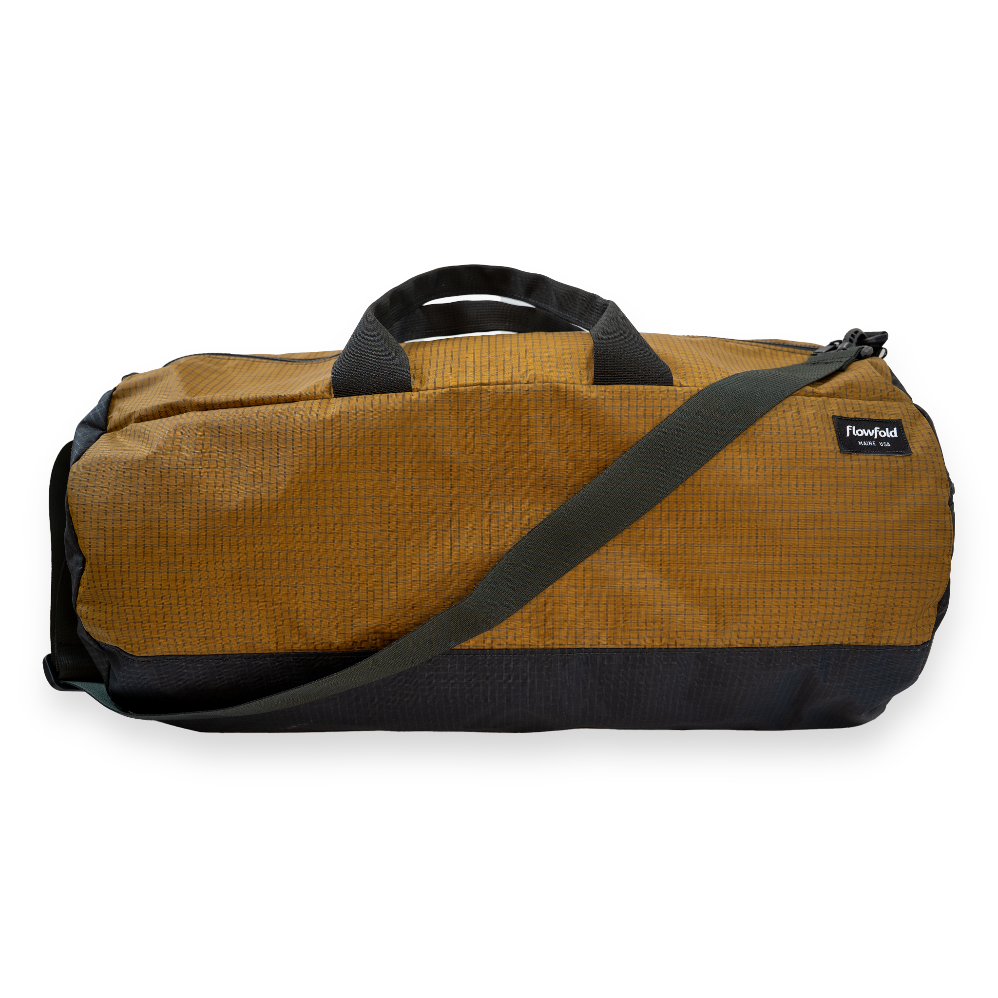 Brown duffel bag with black straps on a white background