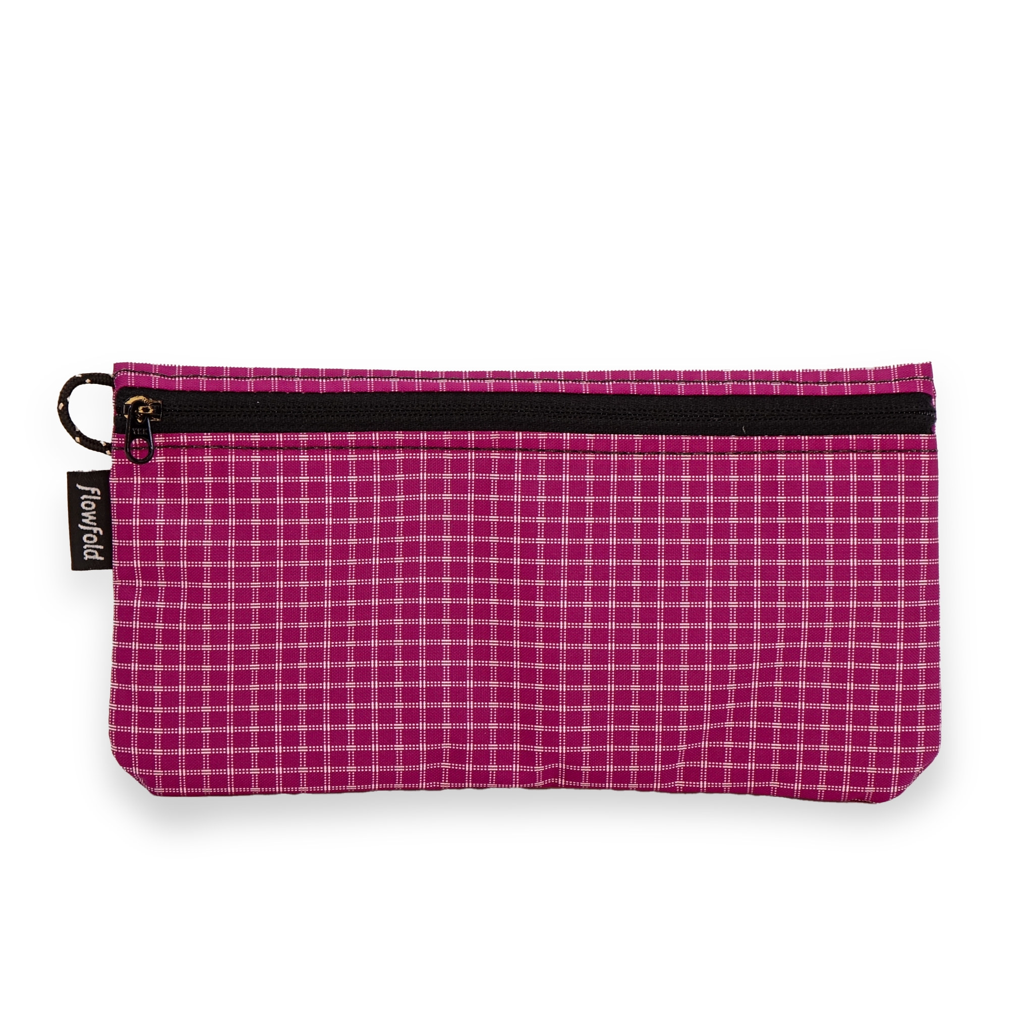 Pink checkered pouch with a black zipper on a white background