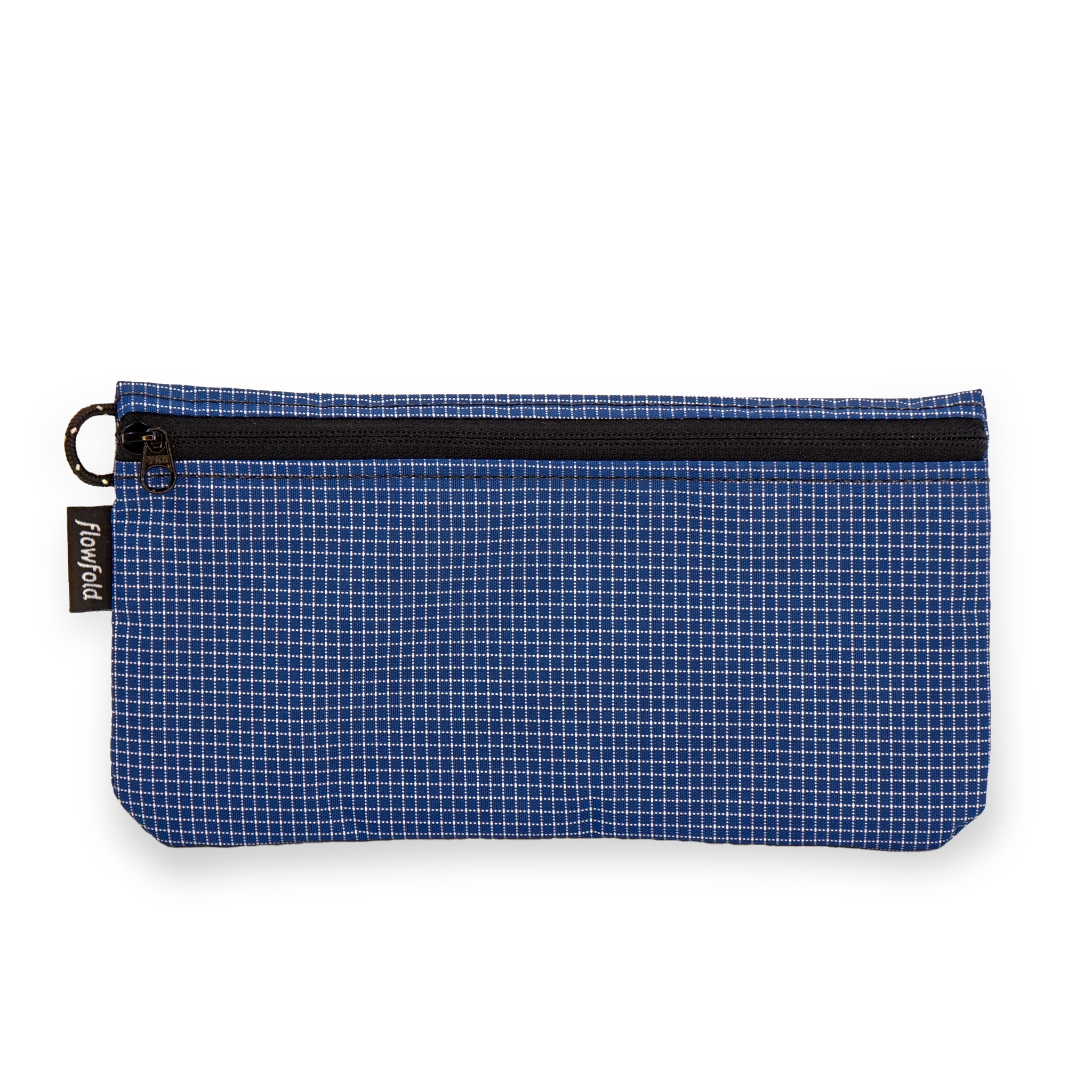 Blue grid-patterned pouch with a black zipper on a white background