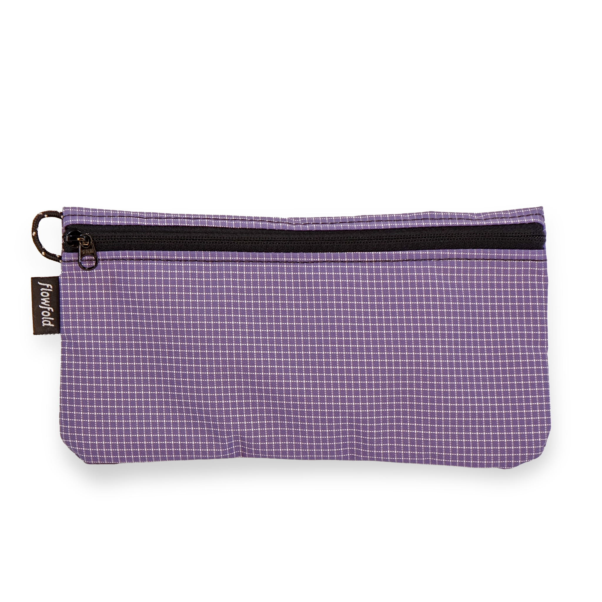 Purple checkered pouch with a black zipper on a white background
