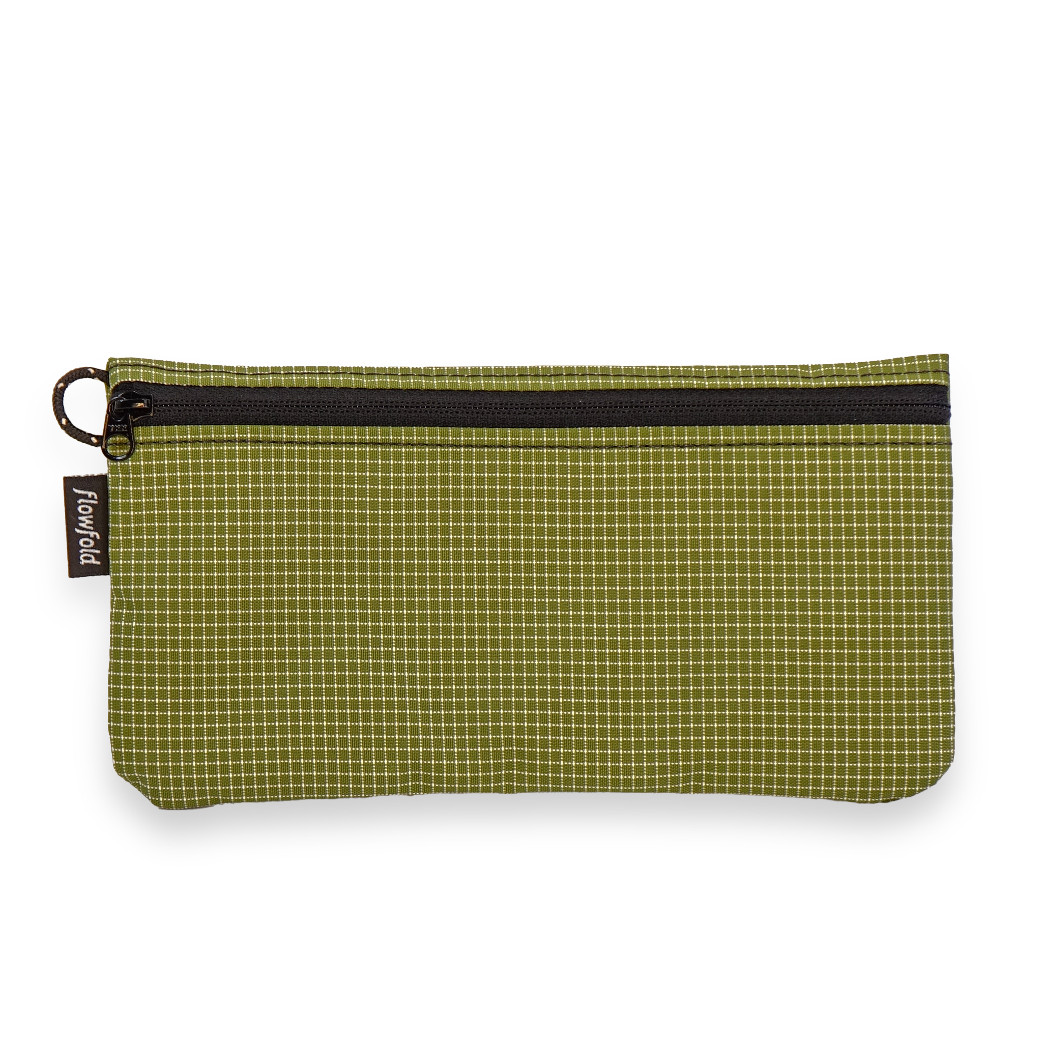 Green checkered pouch with a black zipper on a white background