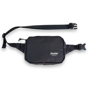 Black belt bag with a visible brand logo on a white background
