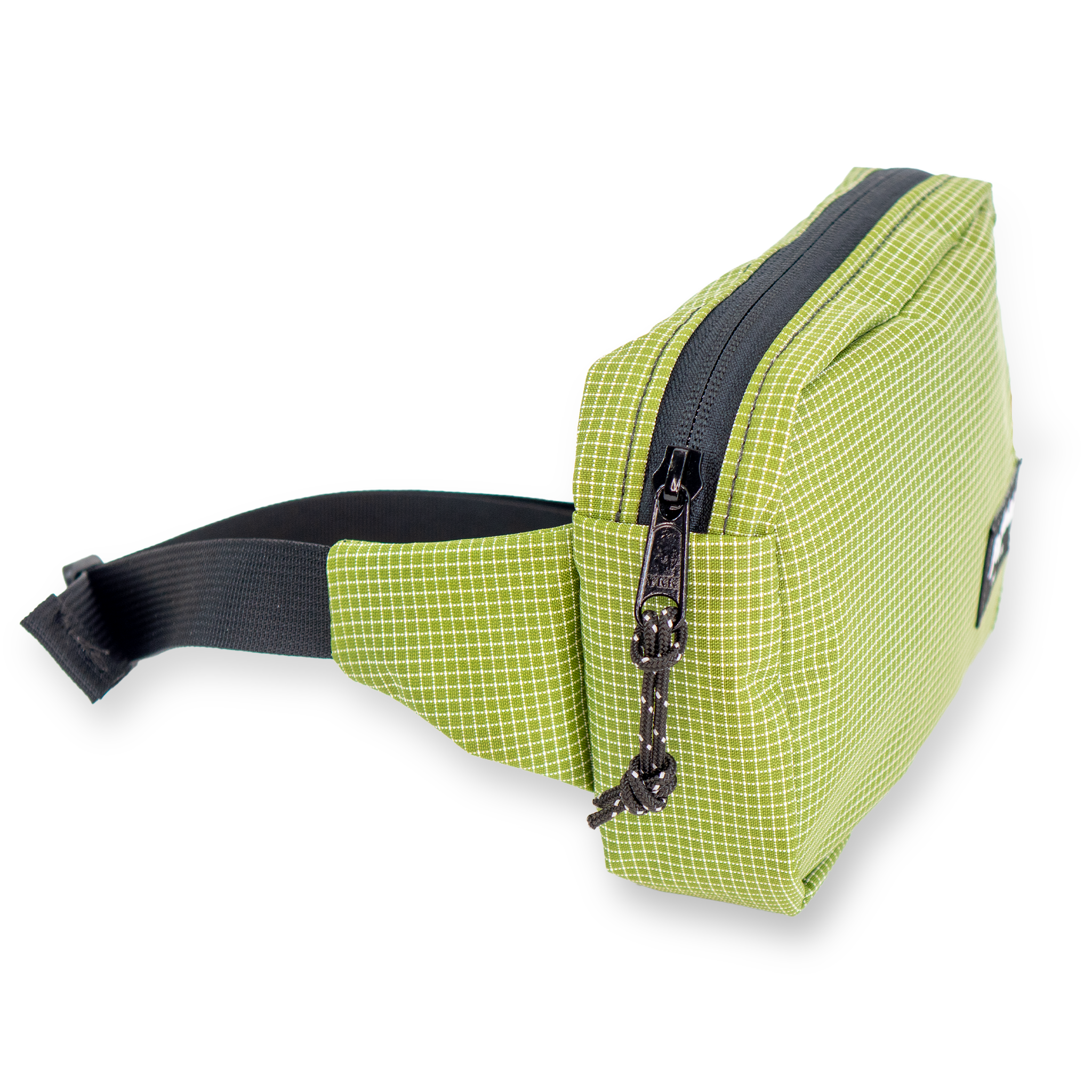 Olive green belt bag with a black strap on a white background