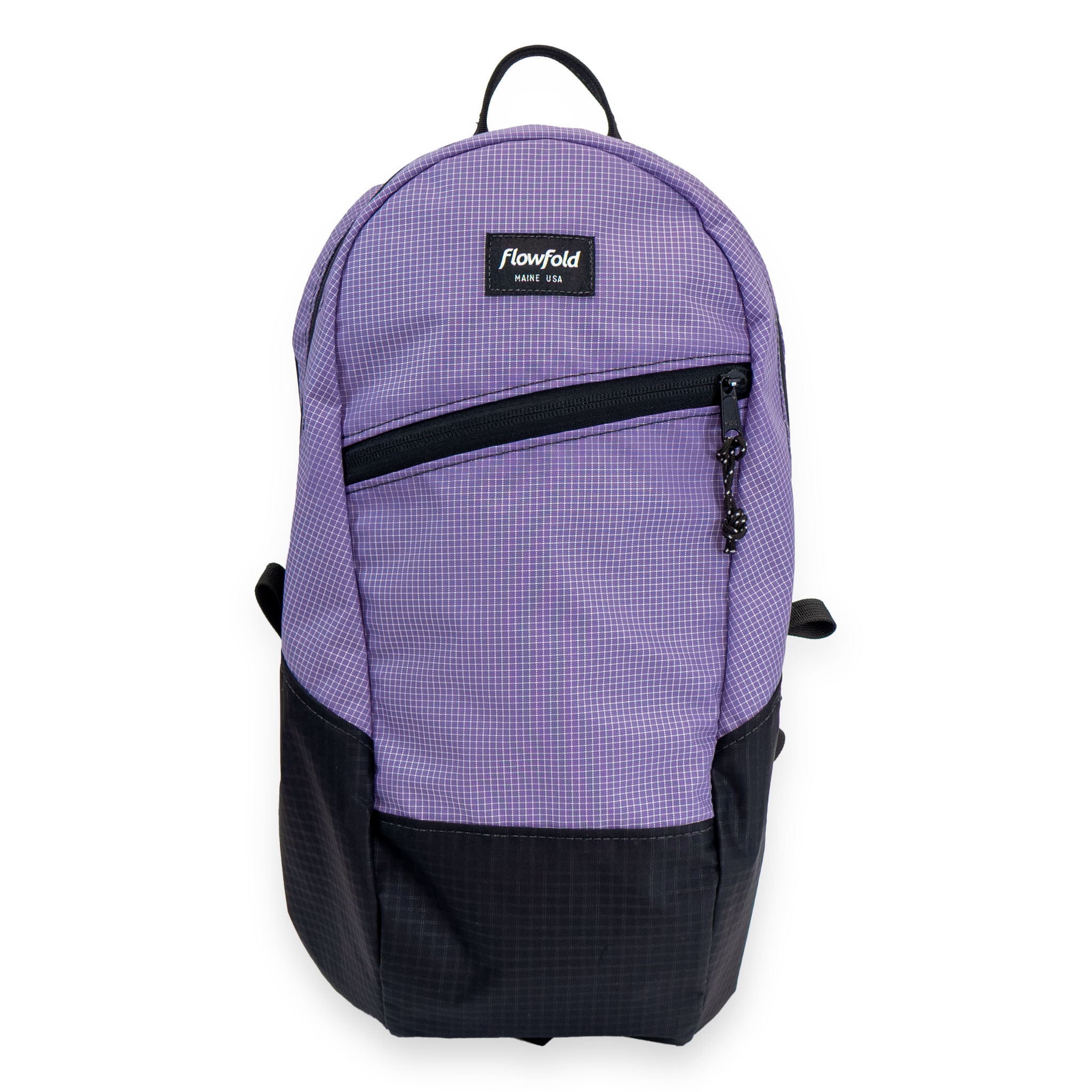 Purple checkered backpack with a visible brand label on a white background