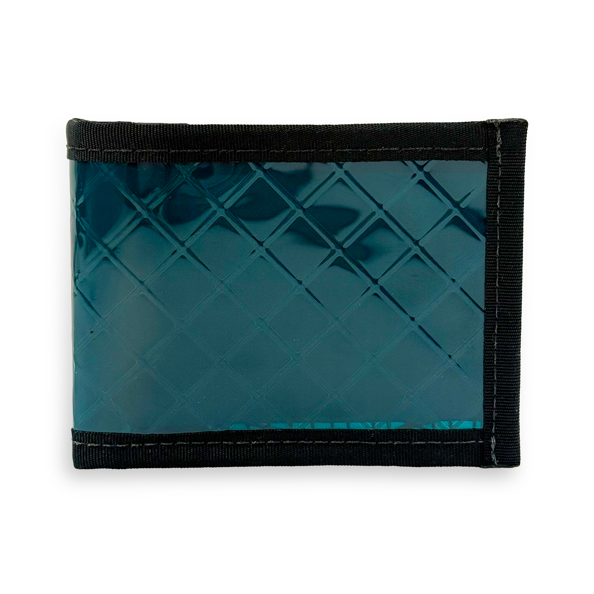 Teal wallet with black border on a white background