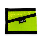 Lime wallet with black trim and 'flowfold' logo on a white background