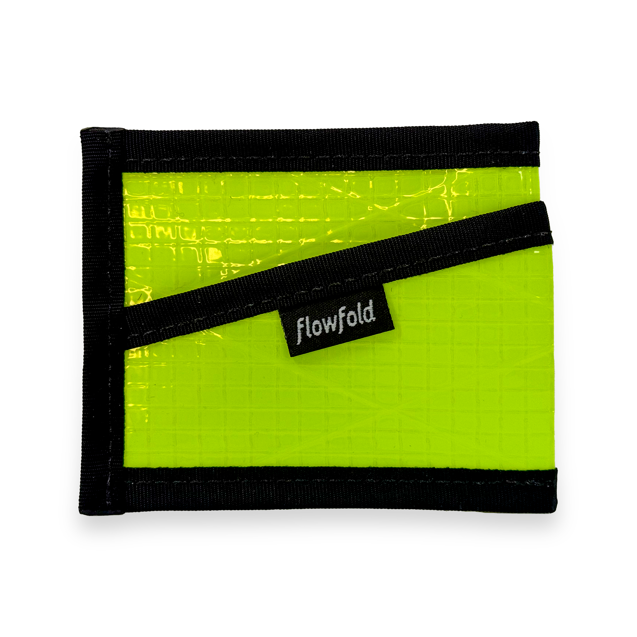 Lime wallet with black trim and 'flowfold' logo on a white background