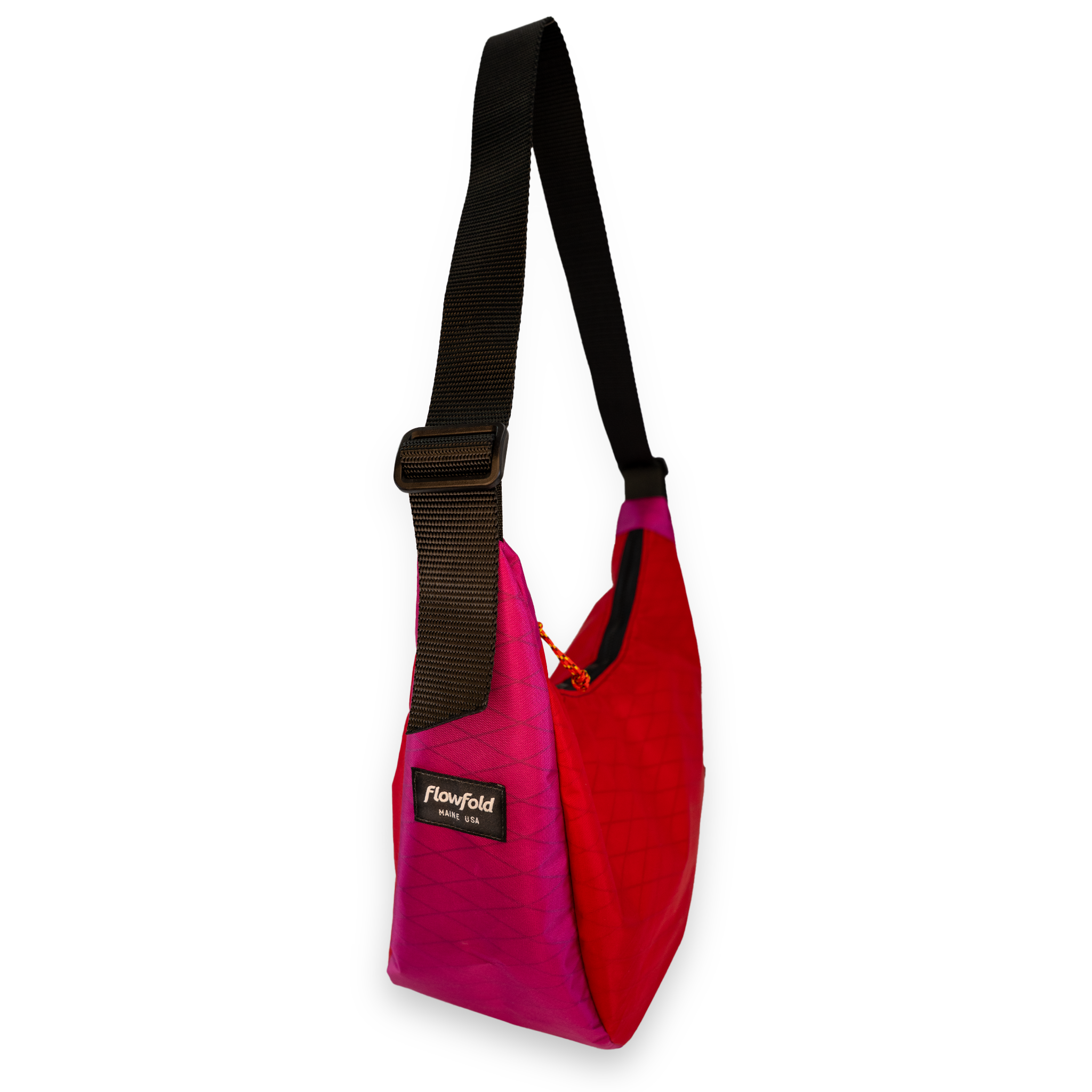Red and pink crescent shaped crossbody bag