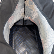 Close-up of a bag interior with geometric patterned lining