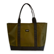 Green tote bag with black handles and trim on a white background