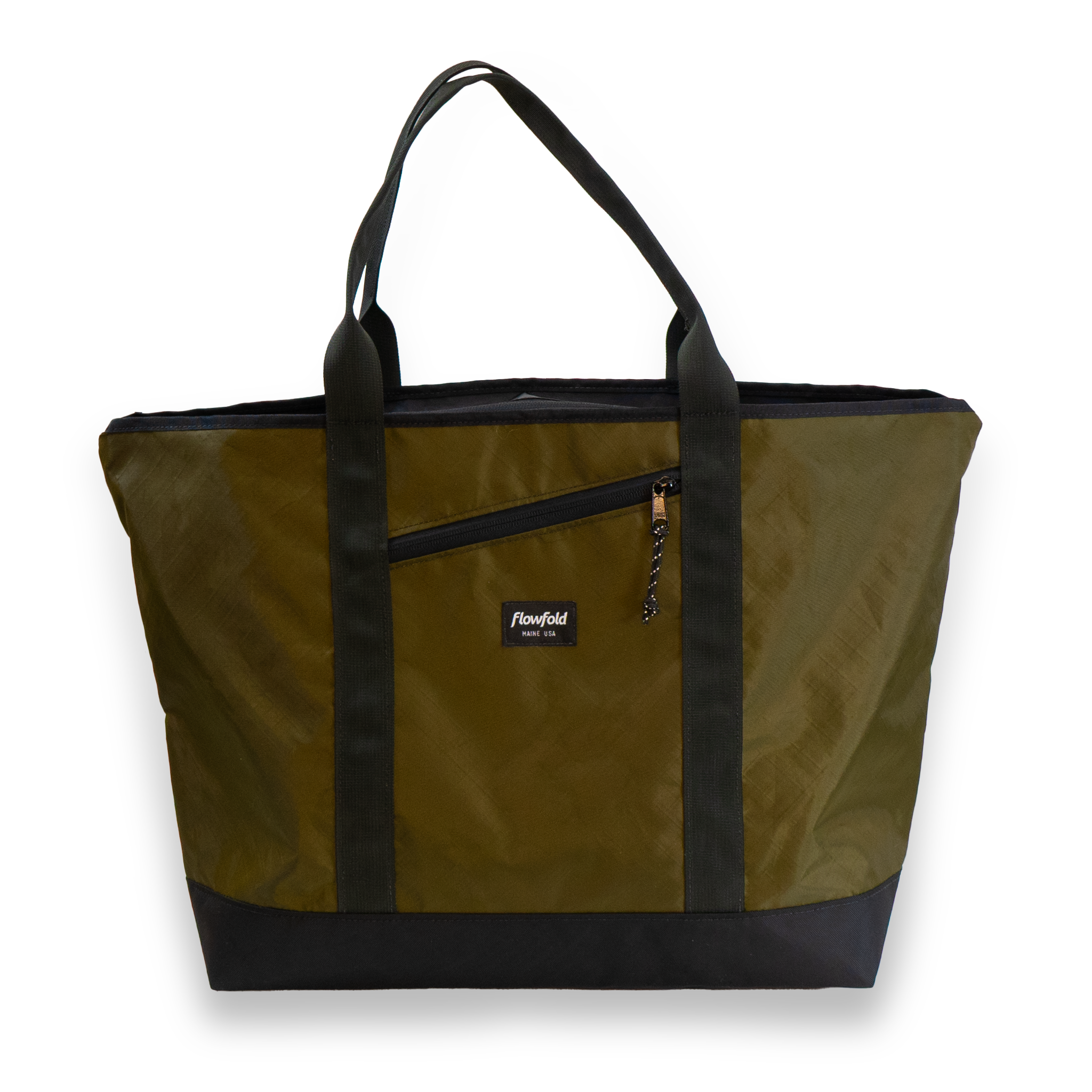 Green tote bag with black accents on a white background