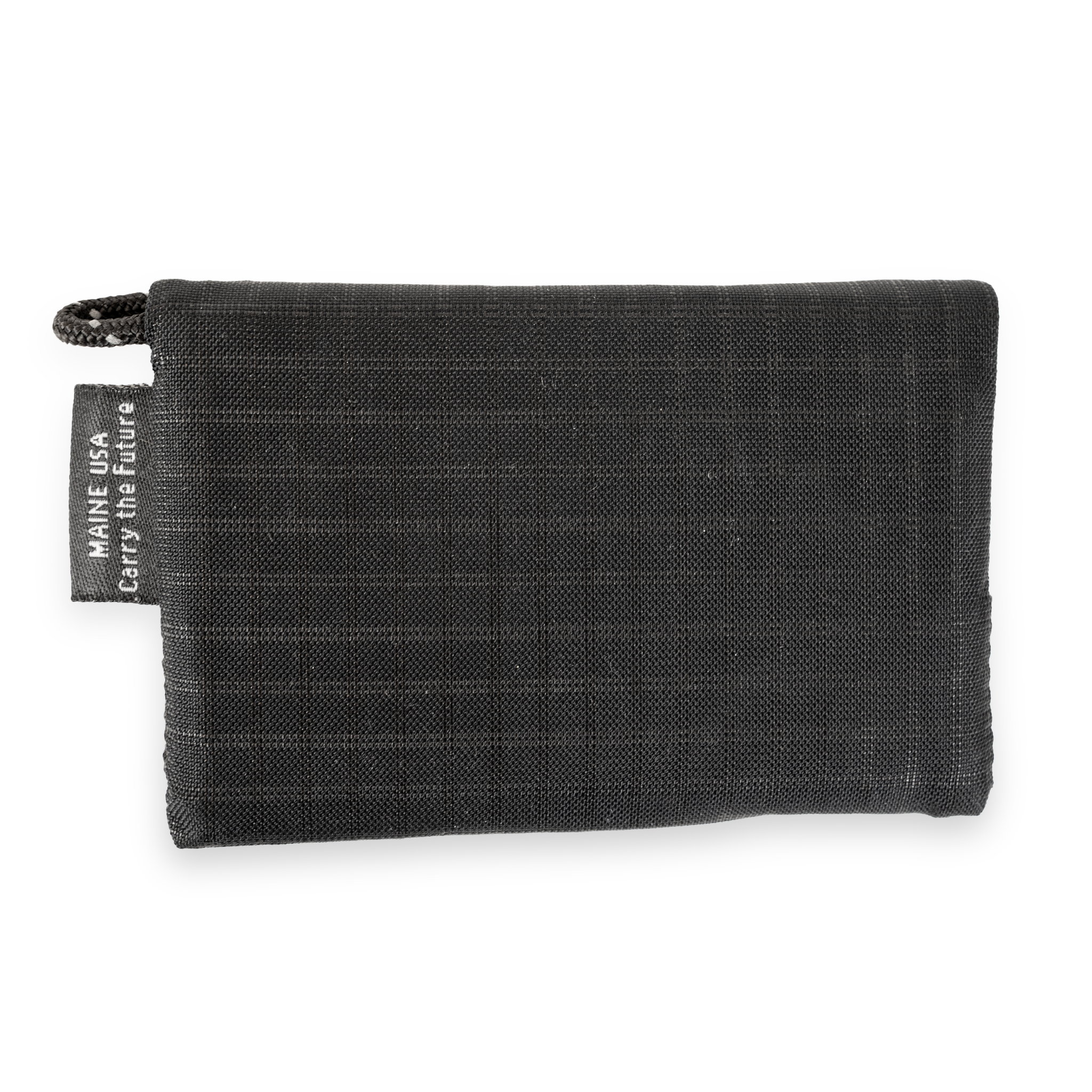 Black wallet with a tag on a white background