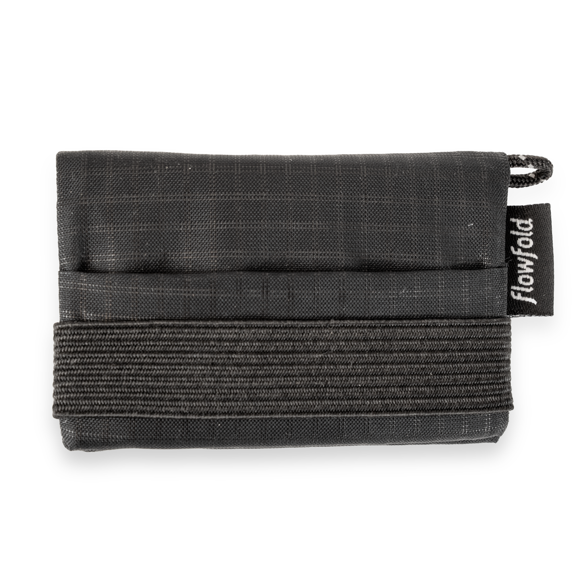 Black wallet with 'Flowfold' tag on a white background