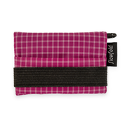 Pink and black checkered wallet with 'Flowfold' tag on a white background