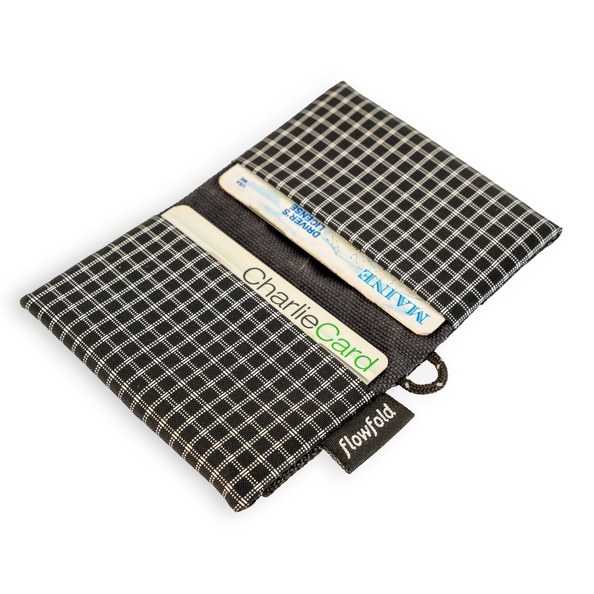 Black and white checkered patterned cardholder with cards inside on a white background