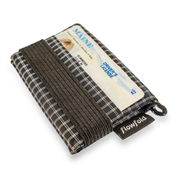 Black and white checkered wallet with a driver's license and ID card on a white background