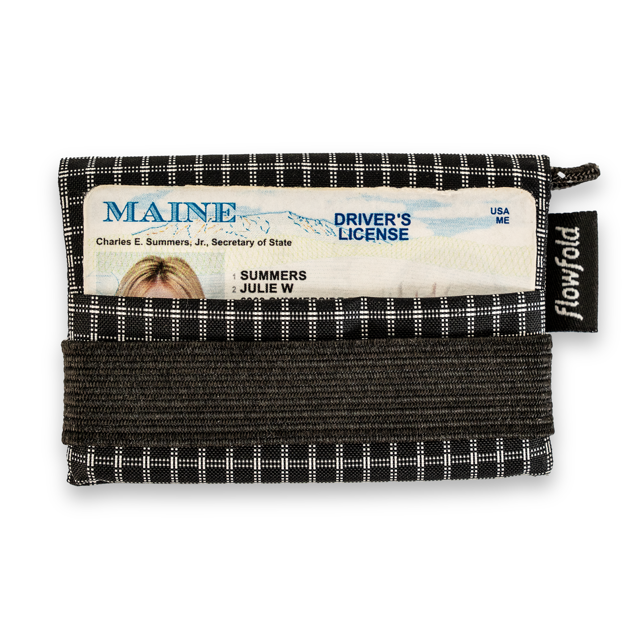 Black and white checkered wallet with a Maine driver's license inside, on a white background.