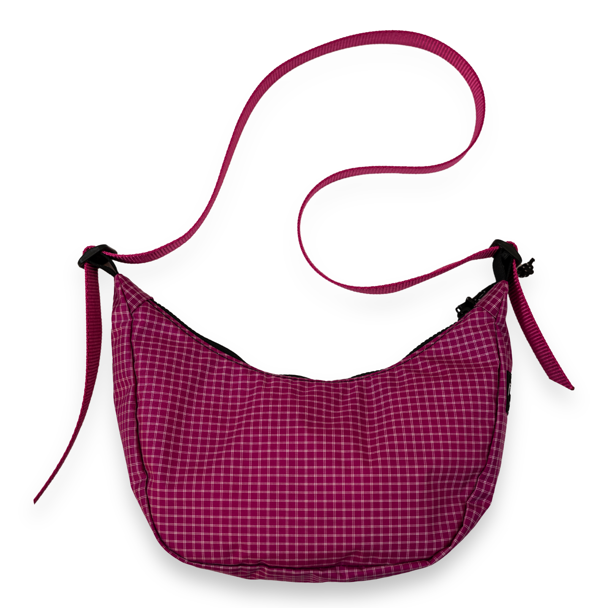 Pink checkered bag with a matching pink strap on a white background
