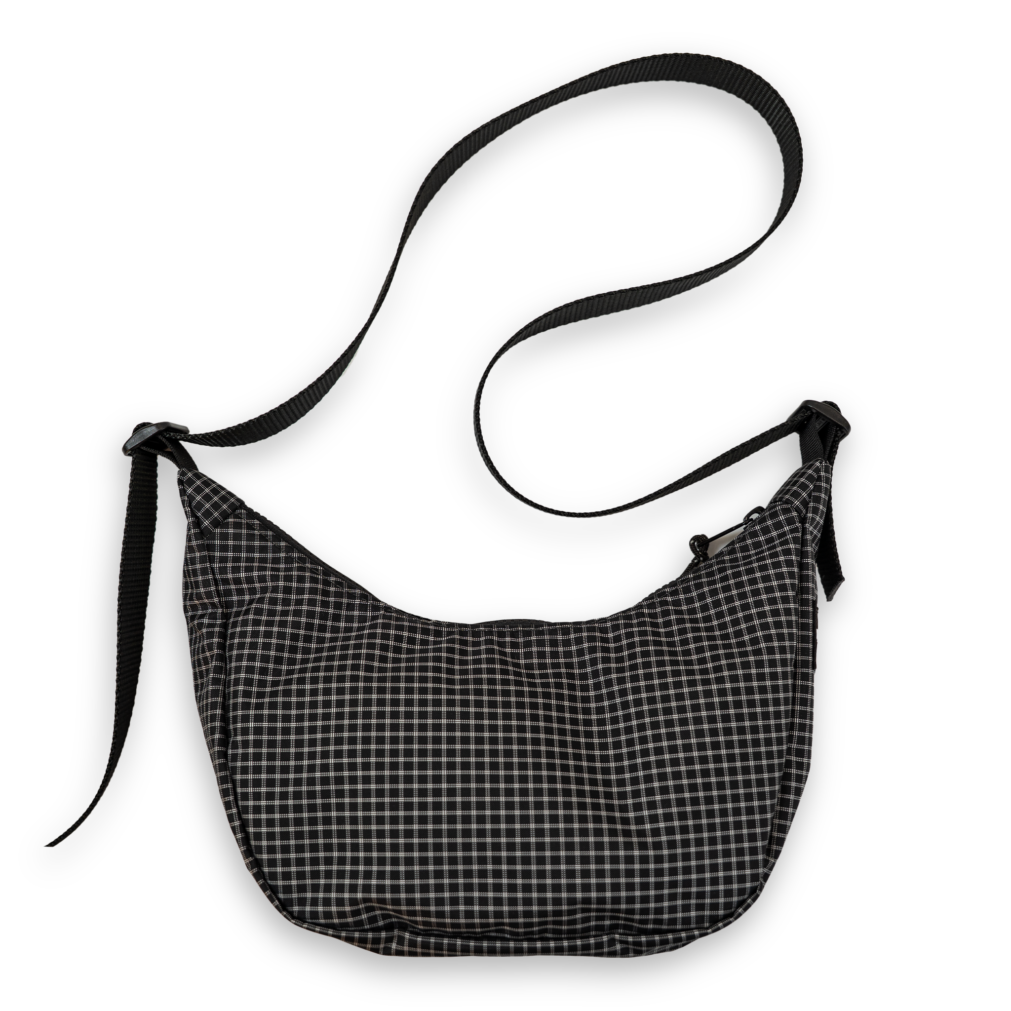 Black and white checkered bag with a strap on a white background
