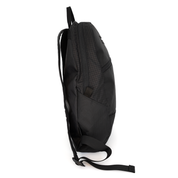 A black backpack shown from a side profile view against a plain white background.