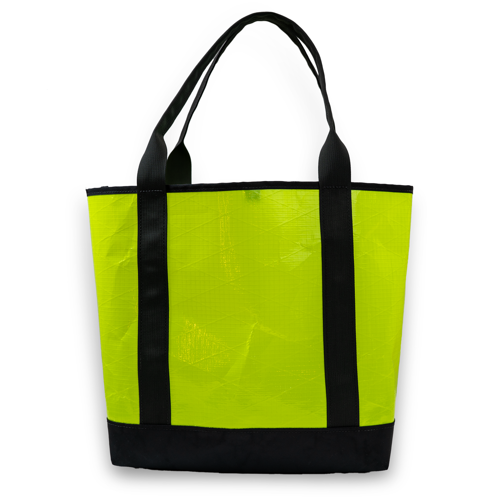 Yellow sailcloth tote bag with black handles and trim on a white background