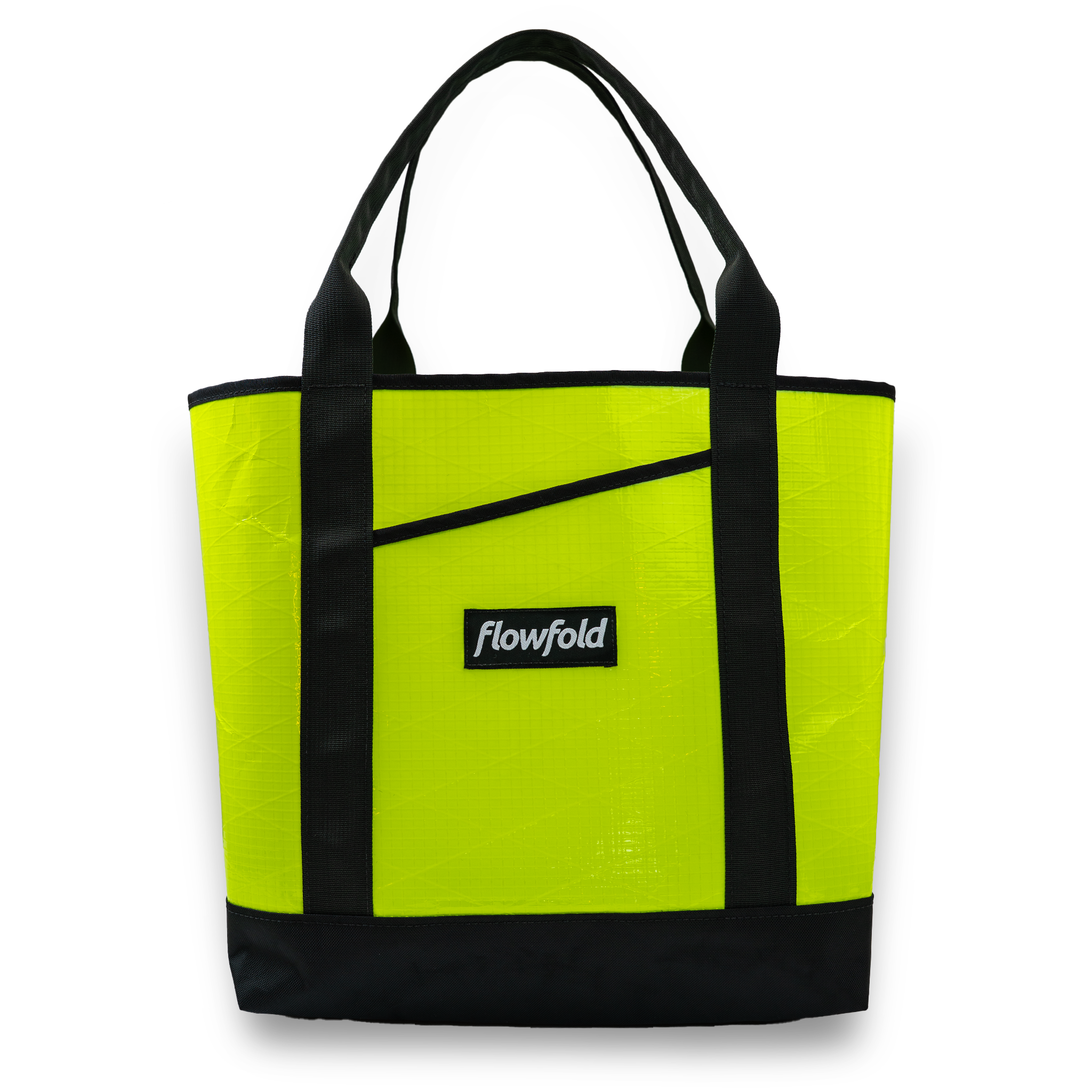 Yellow sailcloth tote bag with black handles and trim on a white background