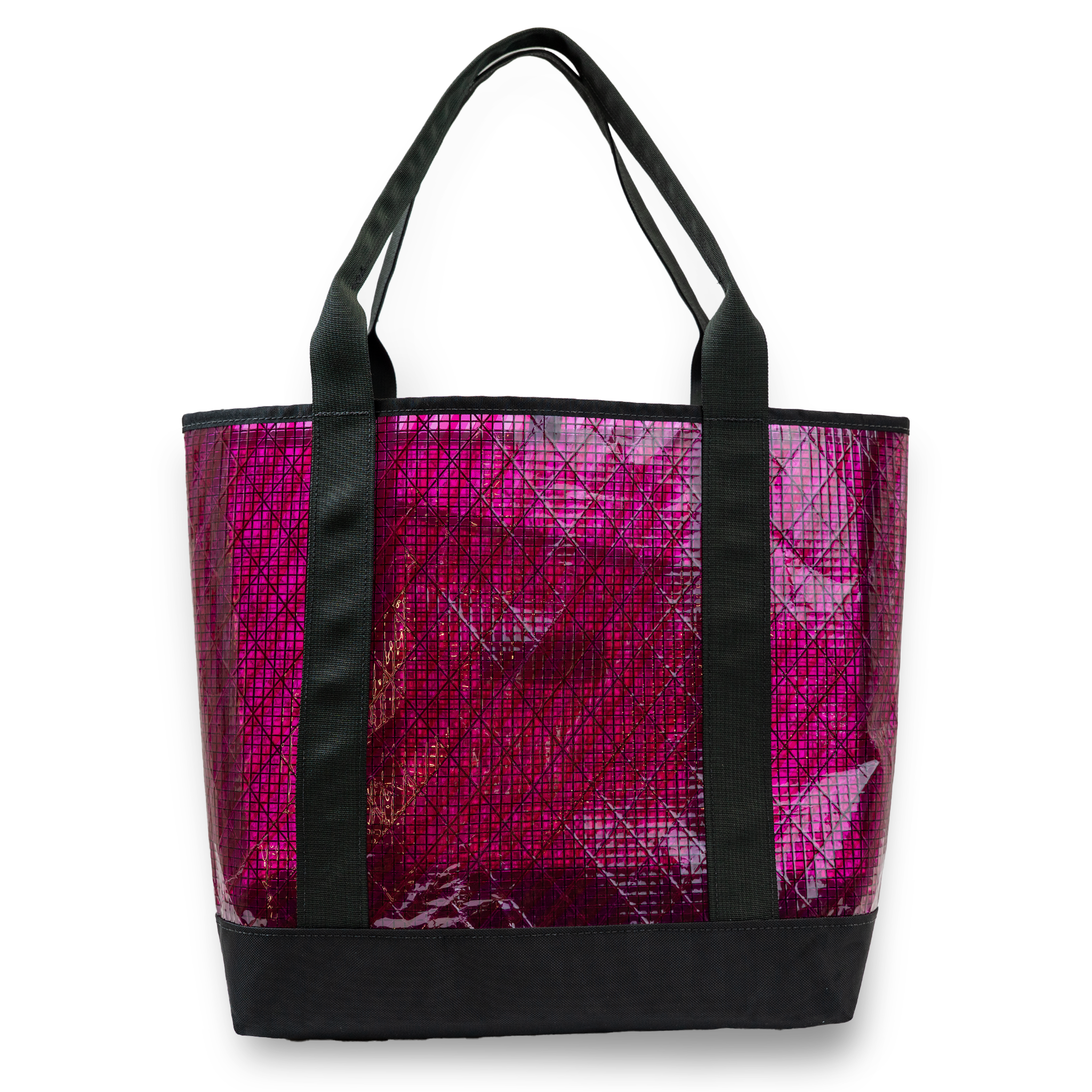 Tote bag with pink and black pattern on a white background