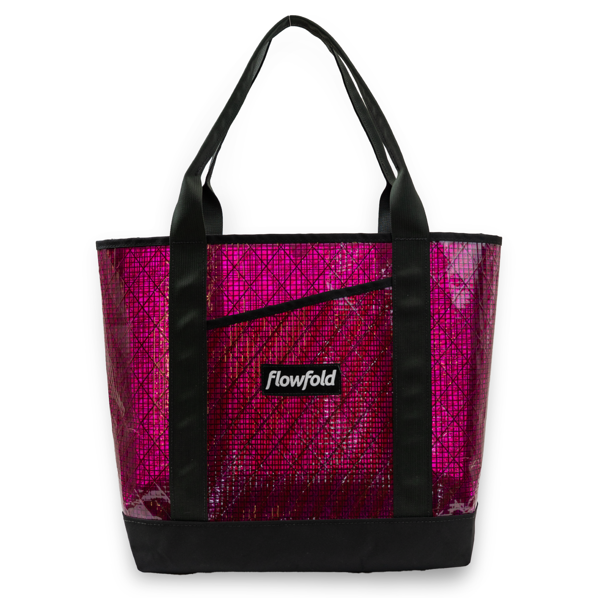 Pink tote bag with 'flowfold' logo on a white background
