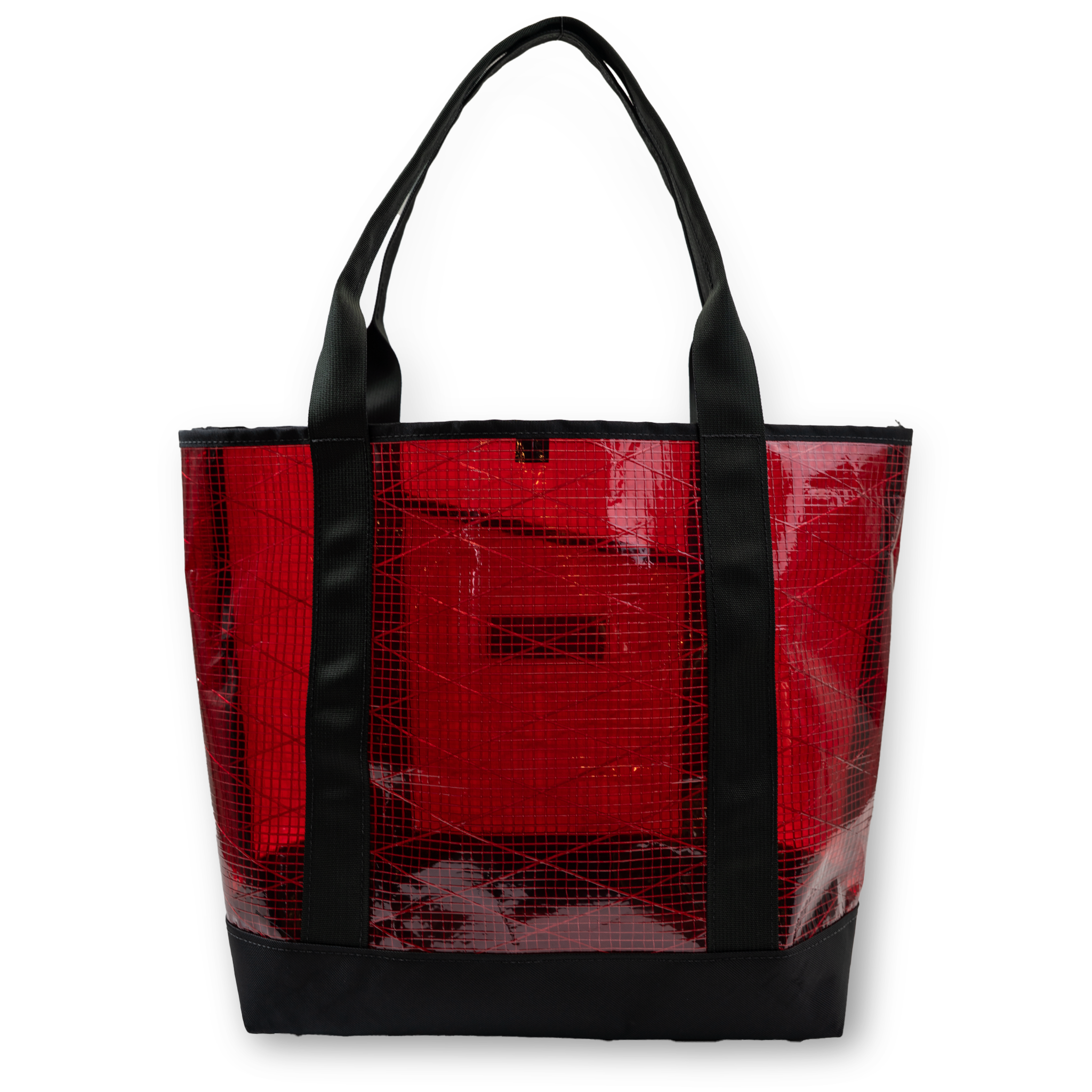 Red and black tote bag on a white background