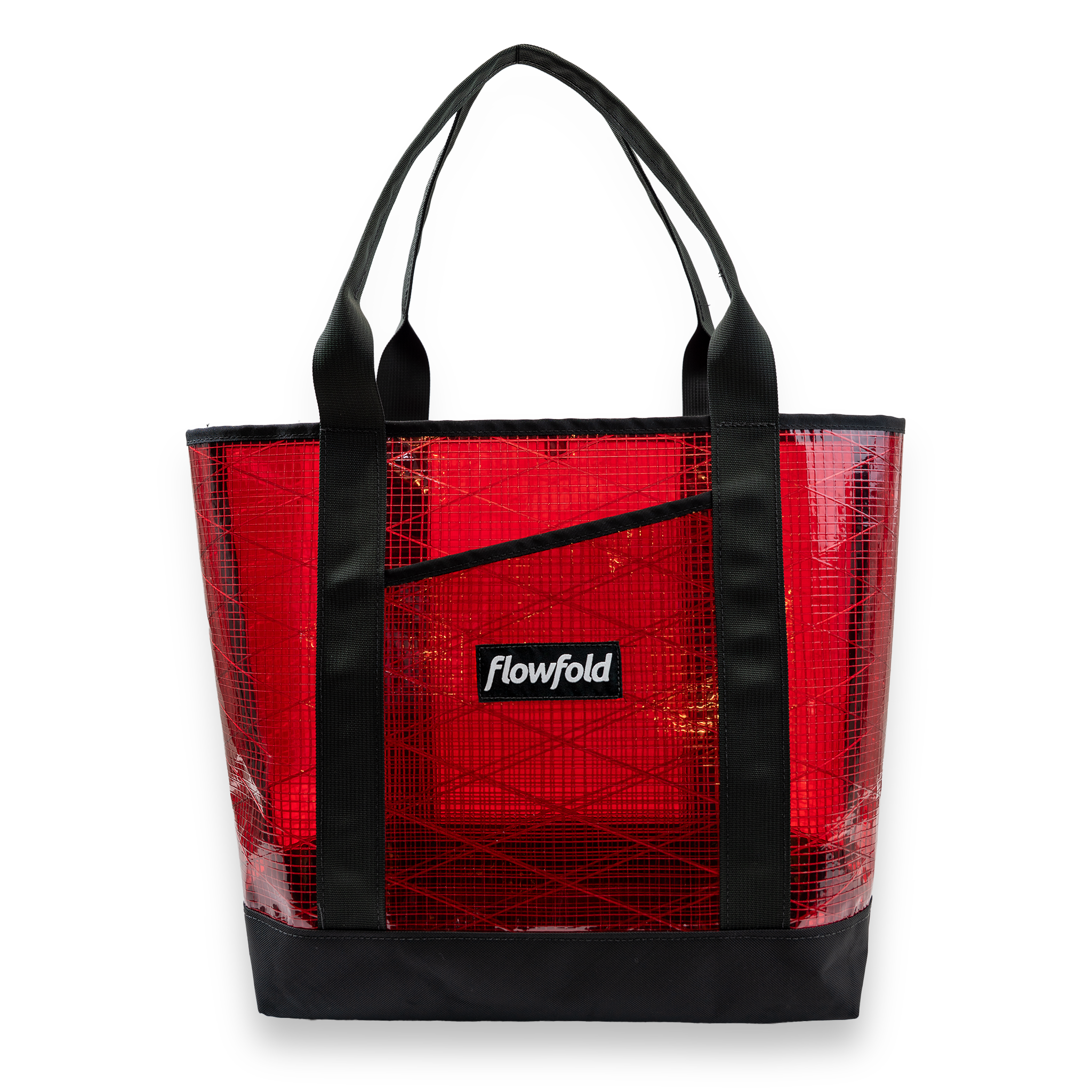 Red tote bag with black handles and a visible 'flowfold' logo on a white background