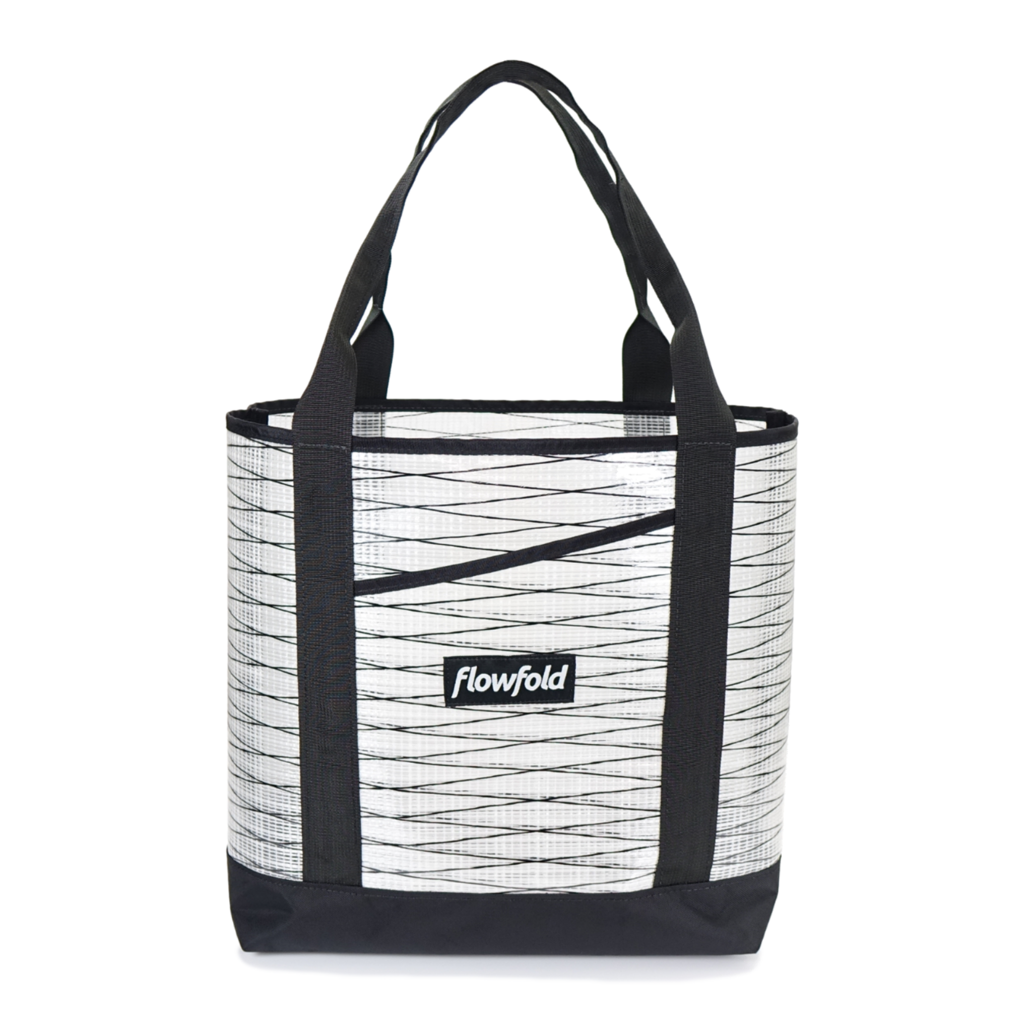White Sailcloth tote bag with black straps and Flowfold logo on a white background