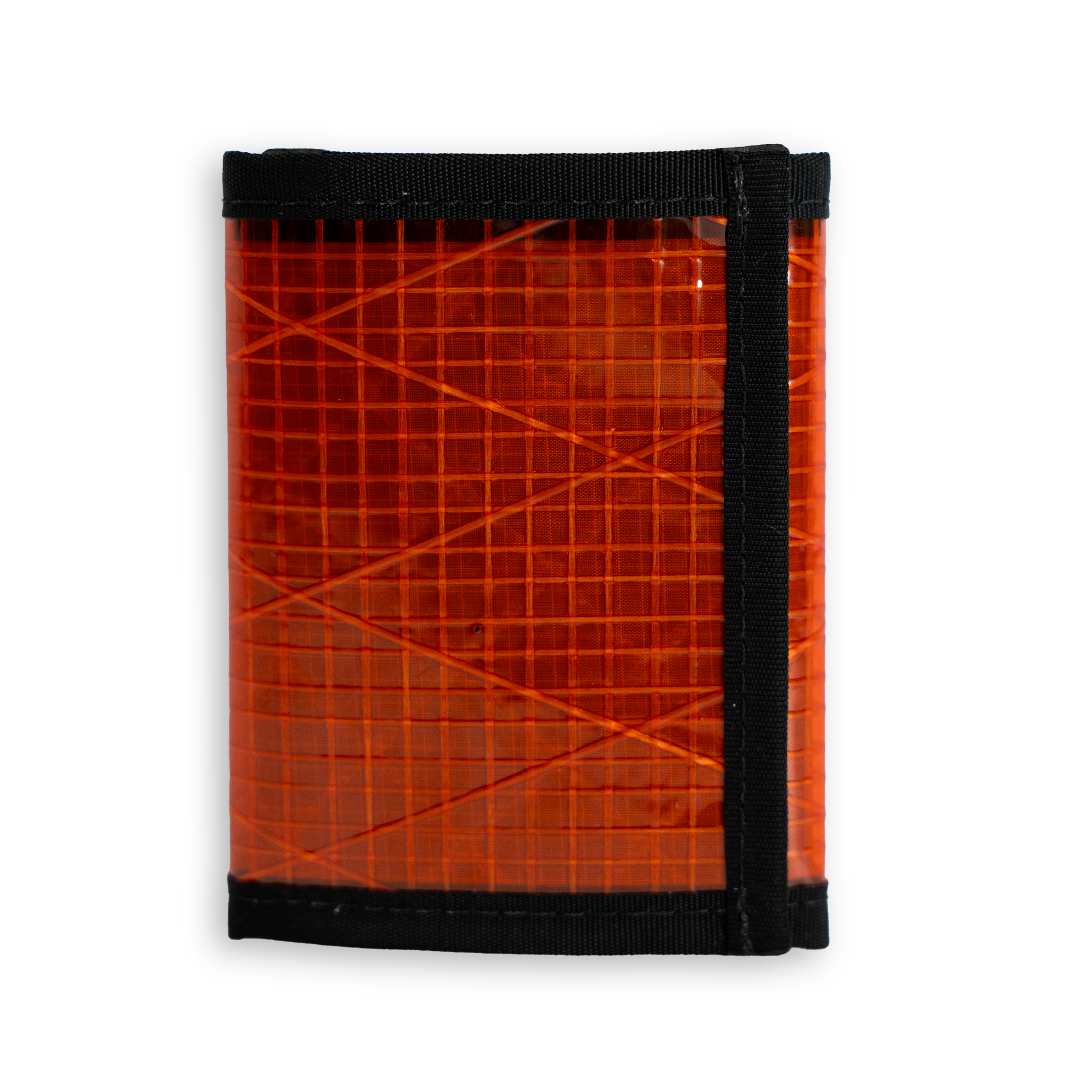 Orange sailcloth wallet with black border on a white background