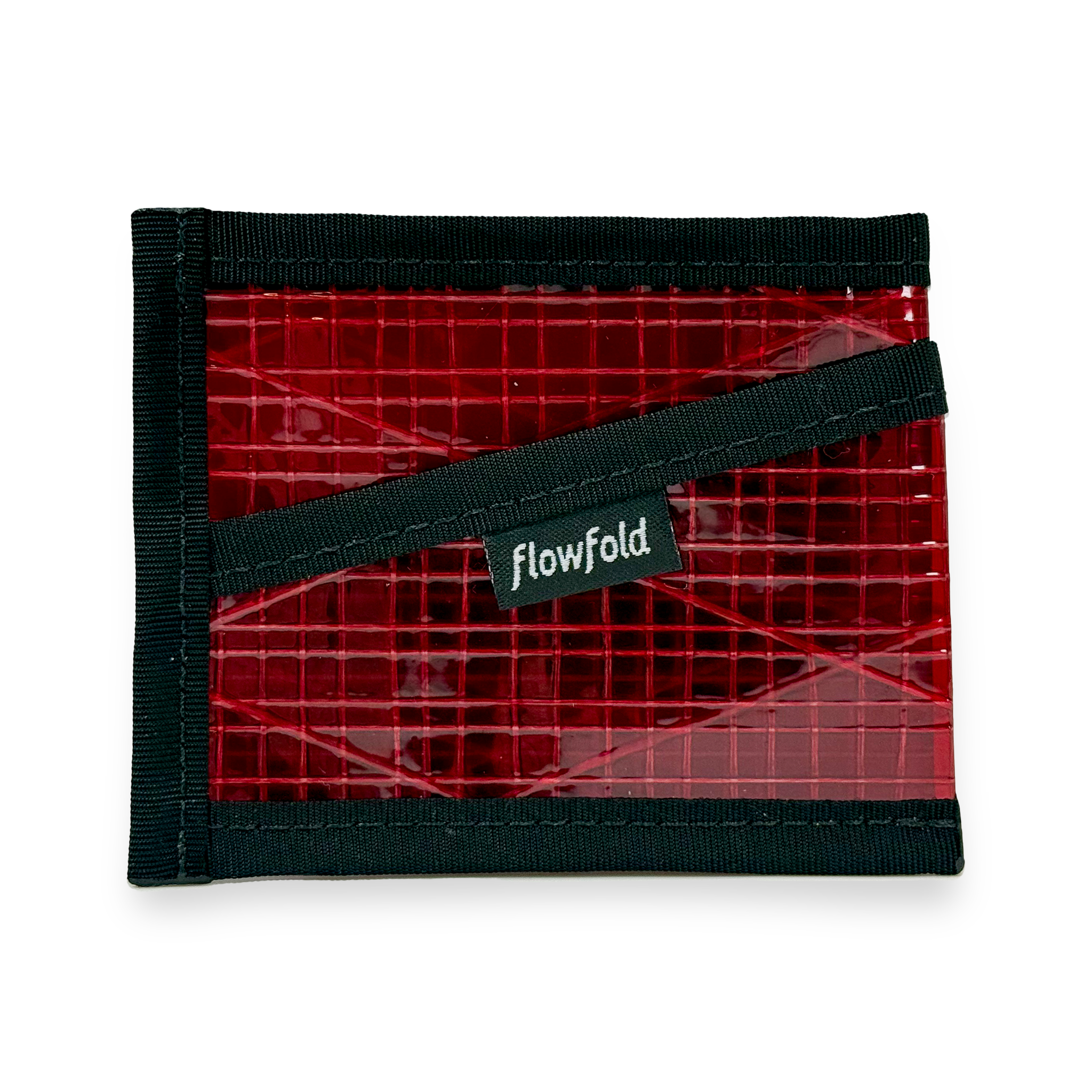 Red cardholder with black border and 'Flowfold' branding on a white background