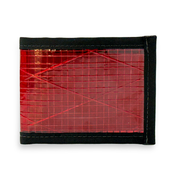 Red wallet with black border on a white background