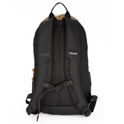 The back view of a black backpack with padded shoulder straps, a top carry handle, and a small white 'Flowfold' brand label on the upper back, shown against a plain white background.