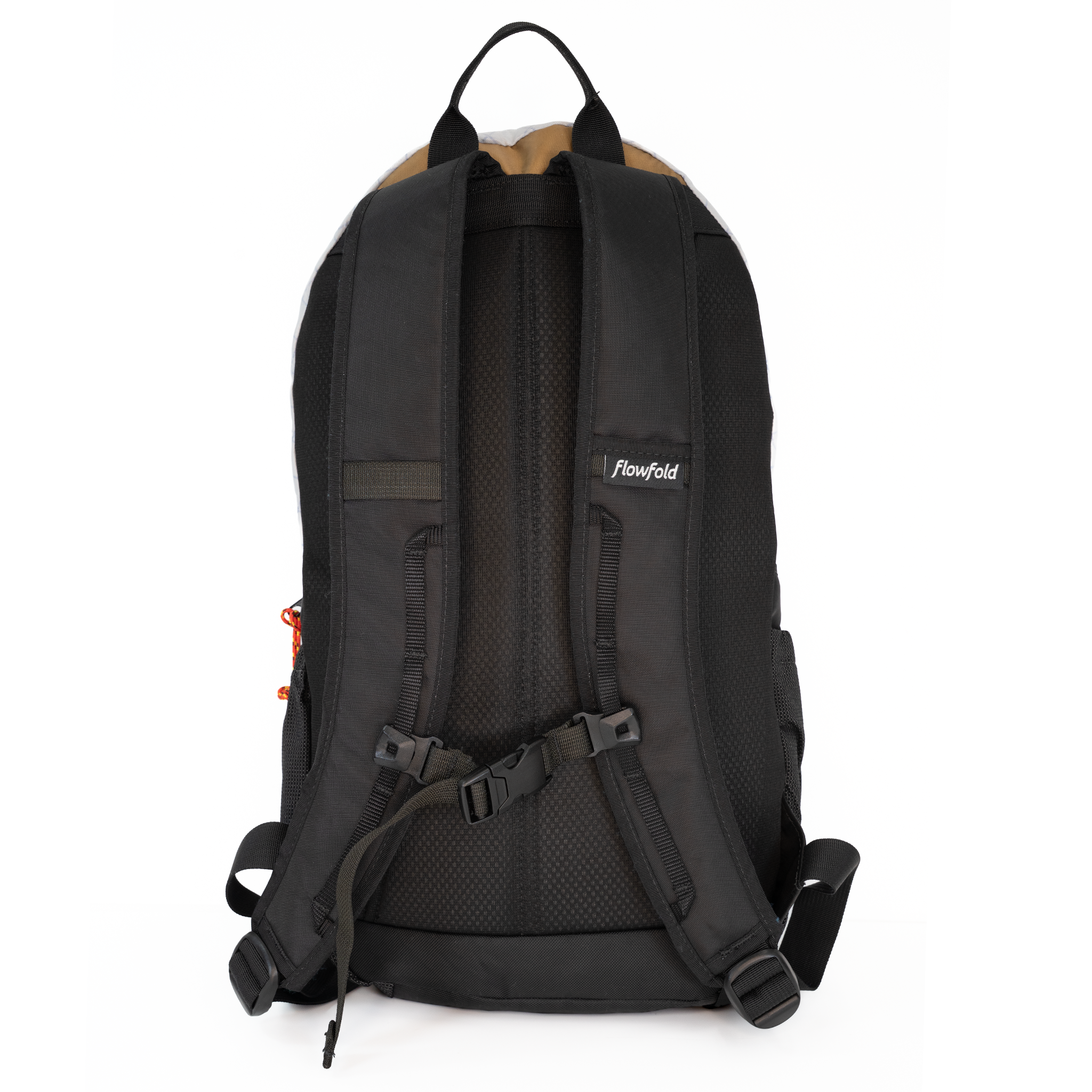 The back view of a black backpack with padded shoulder straps, a top carry handle, and a small white 'Flowfold' brand label on the upper back, shown against a plain white background.