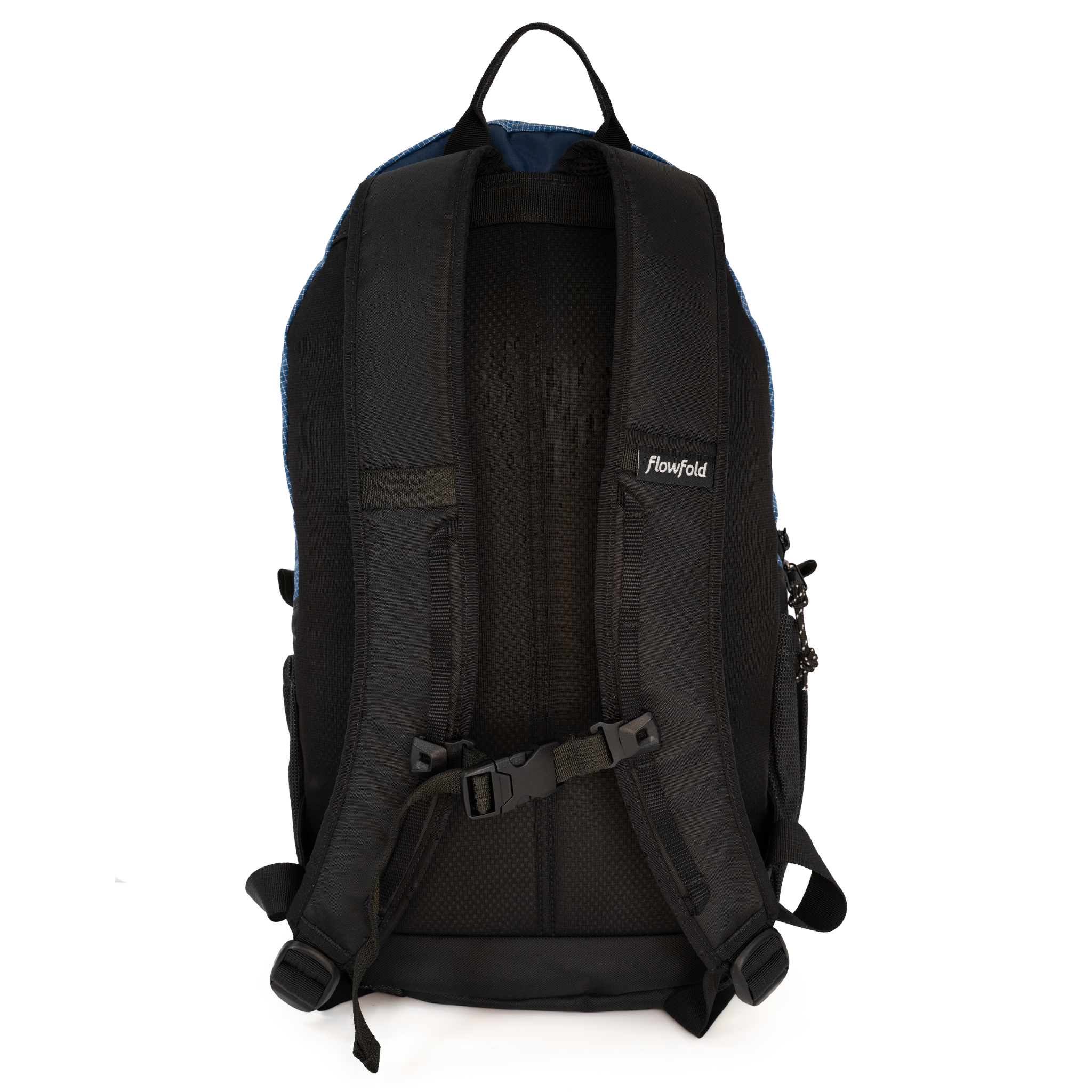 The back view of a blue Flowfold backpack, showing the padded mesh backrest, shoulder straps, and side buckles against a white background.