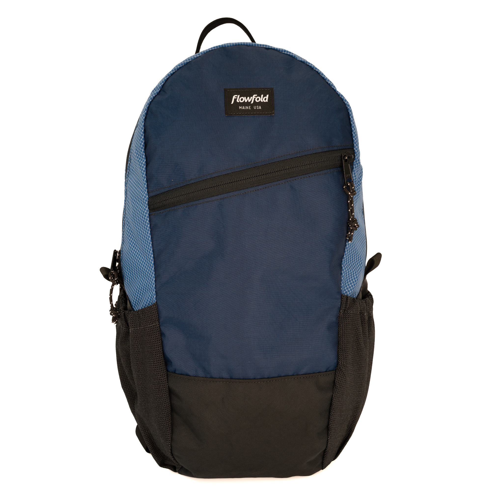 A blue and black backpack with a diagonal zippered pocket on the front, side mesh pockets, and a black brand label reading 'Flowfold' on a white background.