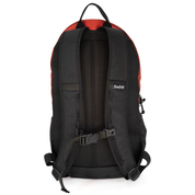 The back view of a black and red backpack, featuring a breathable mesh back pad, adjustable straps, and a small white 'Flowfold' brand label on the side.