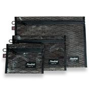 Set of black recycled sailcloth pouches with black zippers and 'Flowfold' branding on a white background